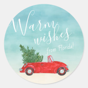 Warm wünscht Retro Vintag Red Car Weihnachtsbaum Runder Aufkleber