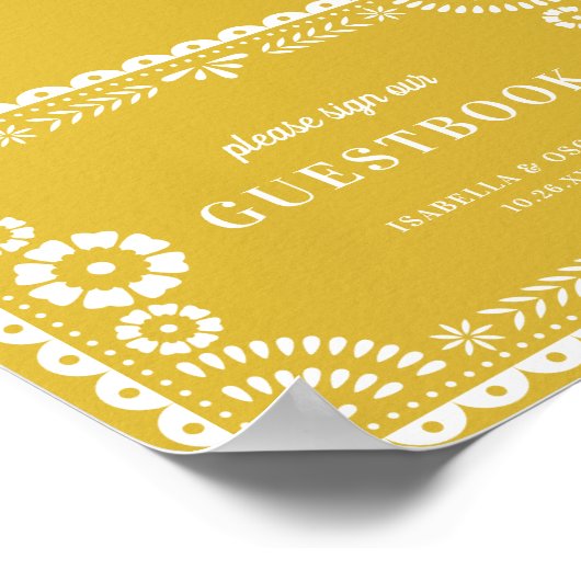 Warm Yellow Papel Picado Wedding Gästebuchuntersch Poster (Ecke)