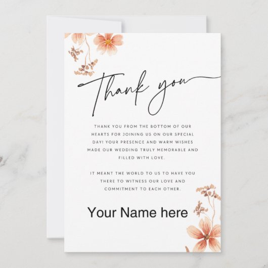 Warme Aquarellfarben Blume Kalligrafie Hochzeit Dankeskarte (Vorderseite)