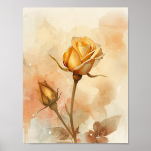 Warme Bernstein-Blüten-Goldene Rose Blüten-Aquarel Poster