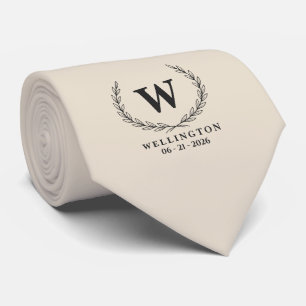 Warme Elfenbein-Schwarze Lorbeer-Monogramm-Hochzei Krawatte