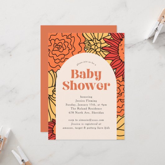 Warme farbige große Blumenarm Babydusche Einladung (Vorderseite/Rückseite Beispiel)