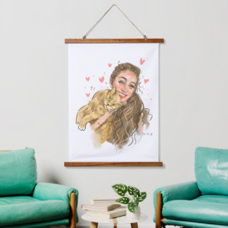 Warme Girl & Cat Illustration Wood - Topped Wall T Wandteppich Mit Holzrahmen