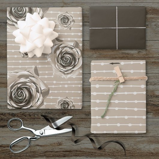 Warme graue Rose Linien und Punkte Multi Geschenkpapier Set