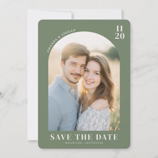 Warme grüne zeitgenössische Fotografie Save The Date (Vorderseite)