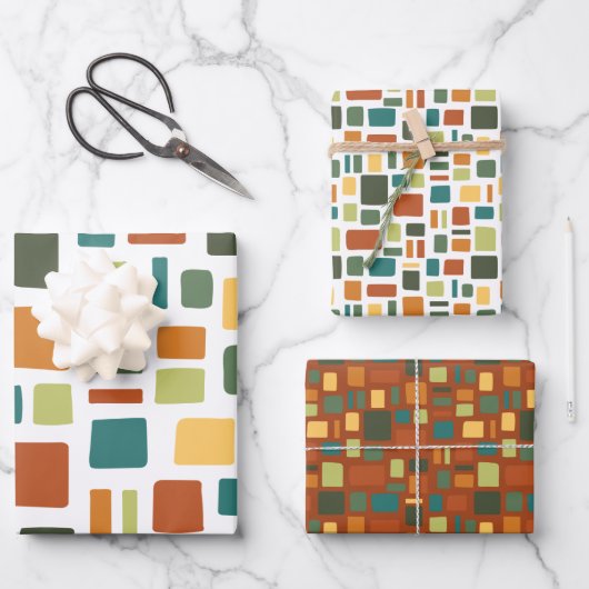 Warme Herbstfarben Wonky Squares & Rectangle Geschenkpapier Set (Vorderseite)
