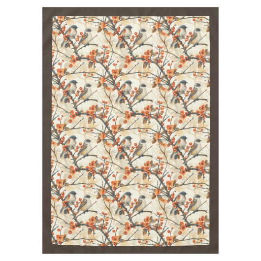 Warme Herbsttablette mit Vögeln Rustikale Blume Tischdecke (Vorderseite)