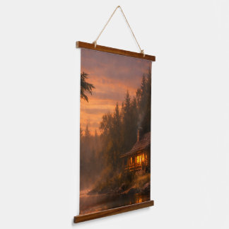 Warme Hütte bei Dämmerung Vertikaler Wandteppich Mit Holzrahmen