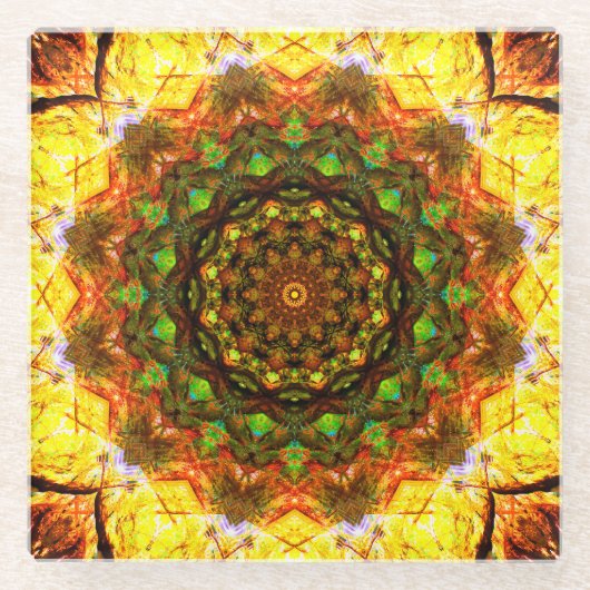 Warme Mandala Kunst mit grünen Formen Glasuntersetzer (Vorderseite)