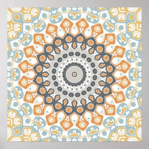 Warme Orange- und Graue geometrische Mandala-Muste Poster