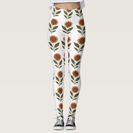 Warme Orangefarbene Florale Leggings (Vorderseite)