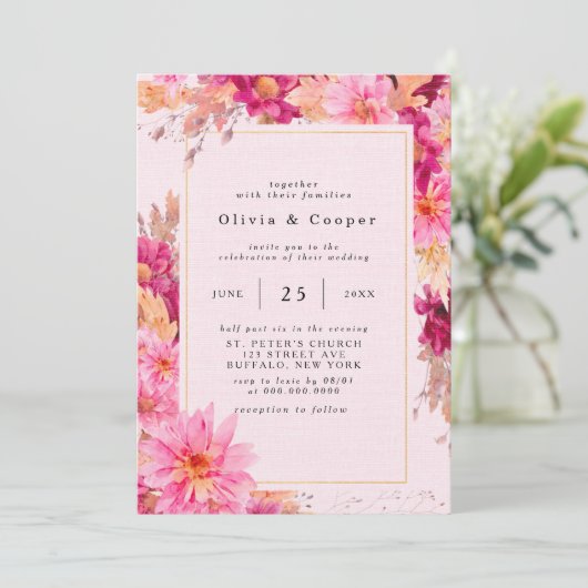 Warme Rosa Chrysanthemum Wreath Wedding Einladung (Stehend Vorderseite)