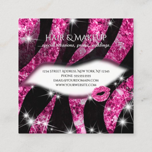 Warme Rosa Glitzer Lips Zebra Print Quadratische Visitenkarte (Rückseite)