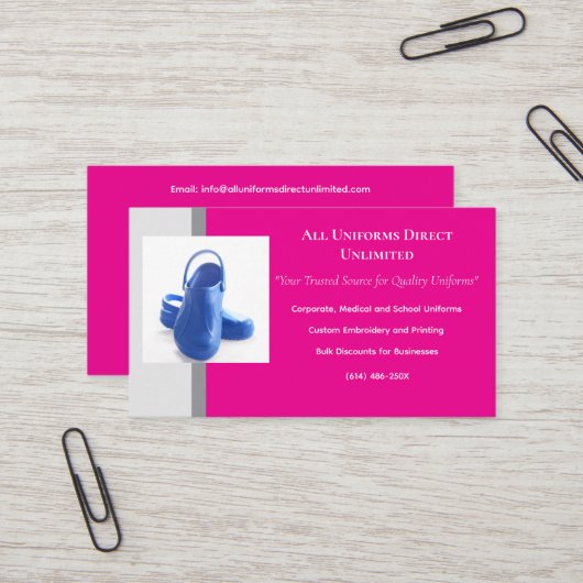 Warme rosa graue blaue medizinische Clogs Uniform Visitenkarte (Vorderseite/Rückseite Beispiel)