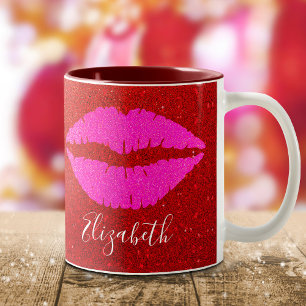 Warme Rosa Lippen Roter Glitzer Individuelle Name  Zweifarbige Tasse