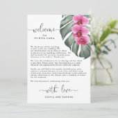Warme rosa Orchideen und Monstera Tropical Willkom Einladung (Stehend Vorderseite)