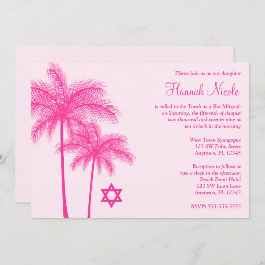 Warme rosa Palme Tropical Bat Mitzvah Einladung (Vorne/Hinten)