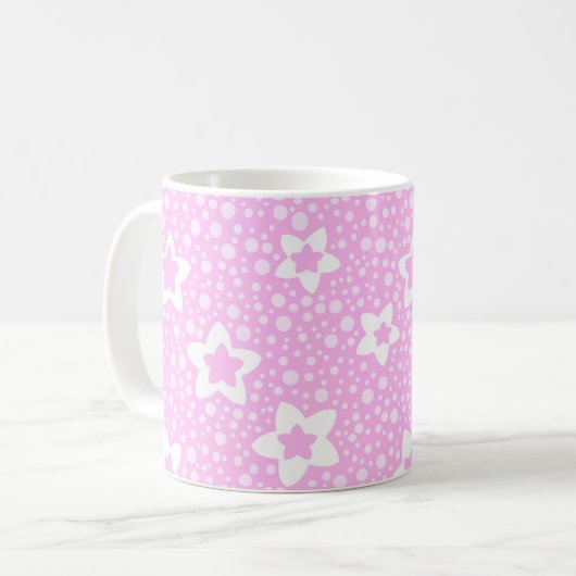Warme rosa Retropolka-Punkte mit Blumenmuster Kaffeetasse (Vorderseite Links)