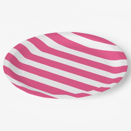 Warme Rosa und weiße Streifen Pappteller (Schrägansicht)