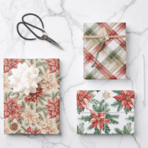 Warme Rot Grüne Weihnachtsblumen Streifen Geschenkpapier Set