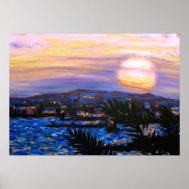 Warme Seas Palm Fronds & Hills Sonnenuntergang Poster