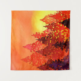 Warme Sonnenuntergang Wasserfarben Bäume Wandteppich