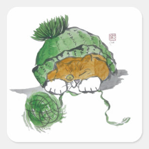 Warme Strick Cap and a Kitten Quadratischer Aufkleber