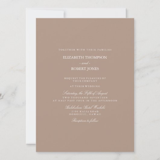 Warme Taupe Beige mit weißer Hochzeitdetails Einladung (Vorderseite)