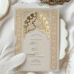 Warme Taupe- und Creme-Spitze Art Nouveau Hochzeit Folieneinladung