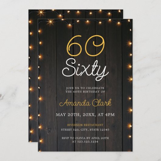 Warme und rustikale Saitenleuchten 60. Geburtstag Einladung (Vorne/Hinten)