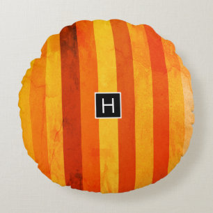 Warme verwitterte orange rote Streifen Monogramm Rundes Kissen