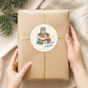 Warme Weihnachtswünsche Vintage-Katze Runder Aufkleber