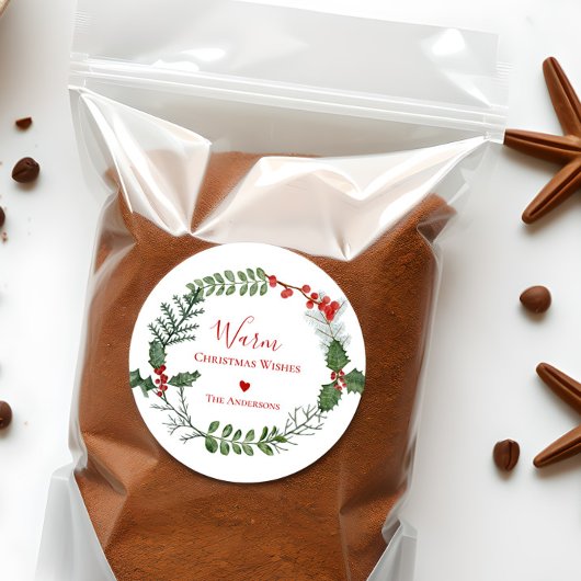 Warme Weihnachtswünsche, Watercolor Holiday Wreath Runder Aufkleber