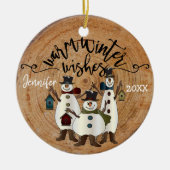 Warme Winterwünsche - Schneemann Keramik Ornament (Vorne)