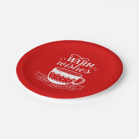 Warme Wünsche Hot Cup Kaffee Kakao rot Weiß Pappteller (Schrägansicht)