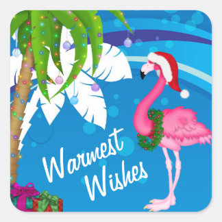 Warme Wünsche Palmen Bäume Flamingo Strand Weihnac Quadratischer Aufkleber