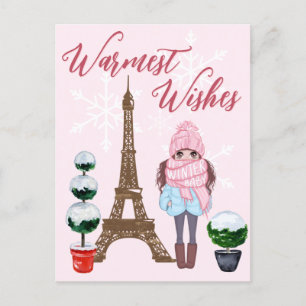 Warme Wünsche Paris Eiffel Tower Pink Weihnachten Postkarte