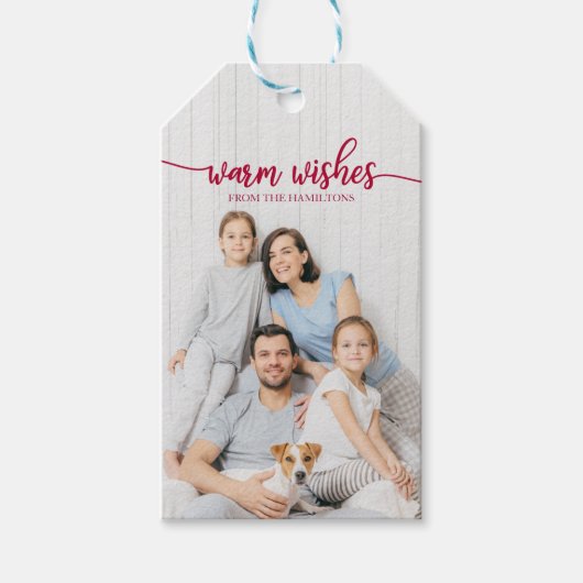 Warme Wünsche Red Script Custom Foto Weihnachten Geschenkanhänger (Vorderseite)
