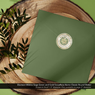 Warme Wünsche Sage Green und Gold Snowflake Name Runder Aufkleber