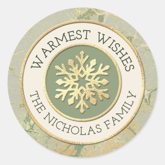 Warme Wünsche Sage Green und Gold Snowflake Name Runder Aufkleber (Vorderseite)