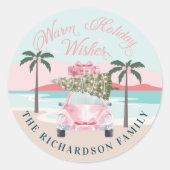 Warme Wünsche tropische Palmen und rosa Retro Auto Runder Aufkleber (Vorderseite)
