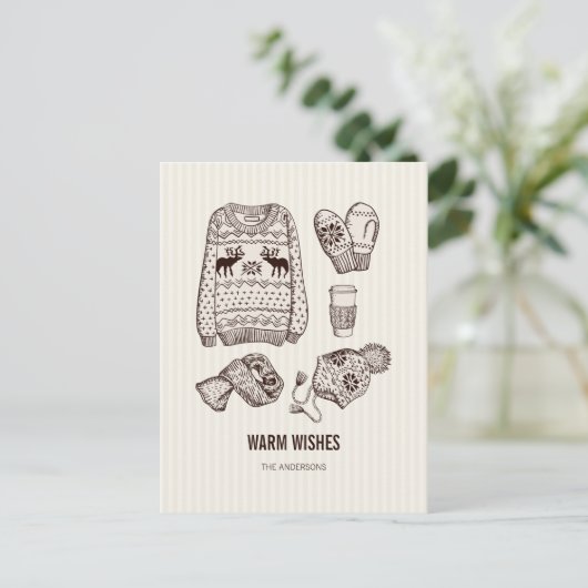 Warme Wünsche Urlaub Essentials Postkarte (Stehend Vorderseite)