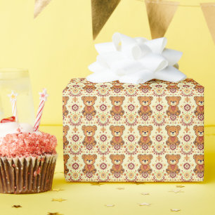 Warmer Boho-Teddybär und herbstliche Blumenseamles Geschenkpapier