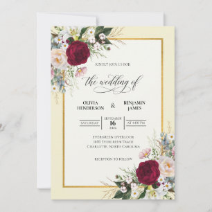 Warmer Champagner-Maroon-Weinreben-Hochzeit Einladung
