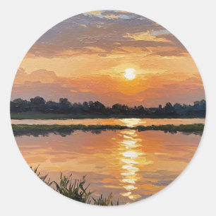 Warmer gelber Sonnenuntergang am See Runder Aufkleber