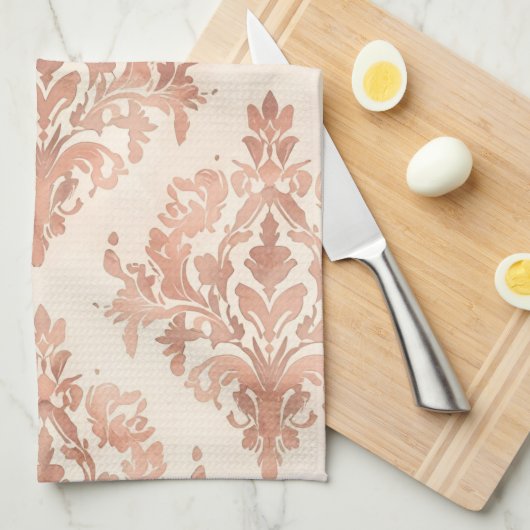 Warmer Pfirsich-Damask Wasserfarbe Ornamental Must Geschirrtuch (Viertel Falte)