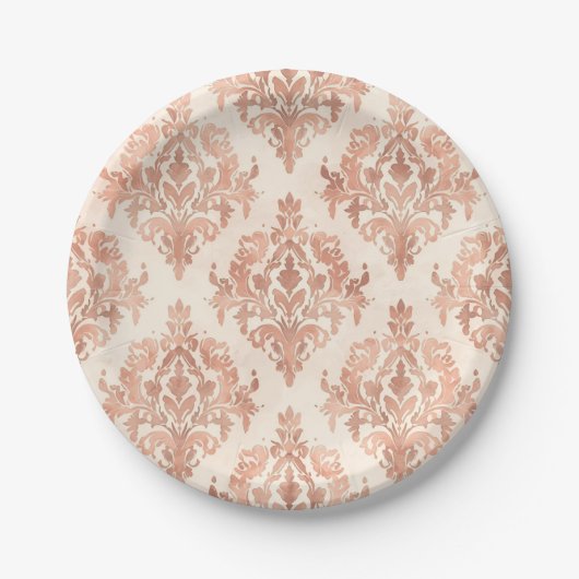 Warmer Pfirsich-Damask-Wasserfarben-Ornamentmuster Pappteller (Vorderseite)