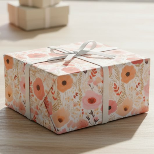 Warmer Pfirsich- und Korallen-Mohn-Blumenmuster Geschenkpapier
