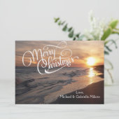 Warmer Strand mit Sonnenuntergang Weihnachtskarte Feiertagskarte (Stehend Vorderseite)