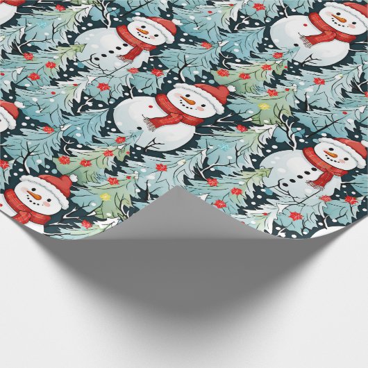 Warmer und gemütlicher Schneemann an einem Winterw Geschenkpapier (Ecke)